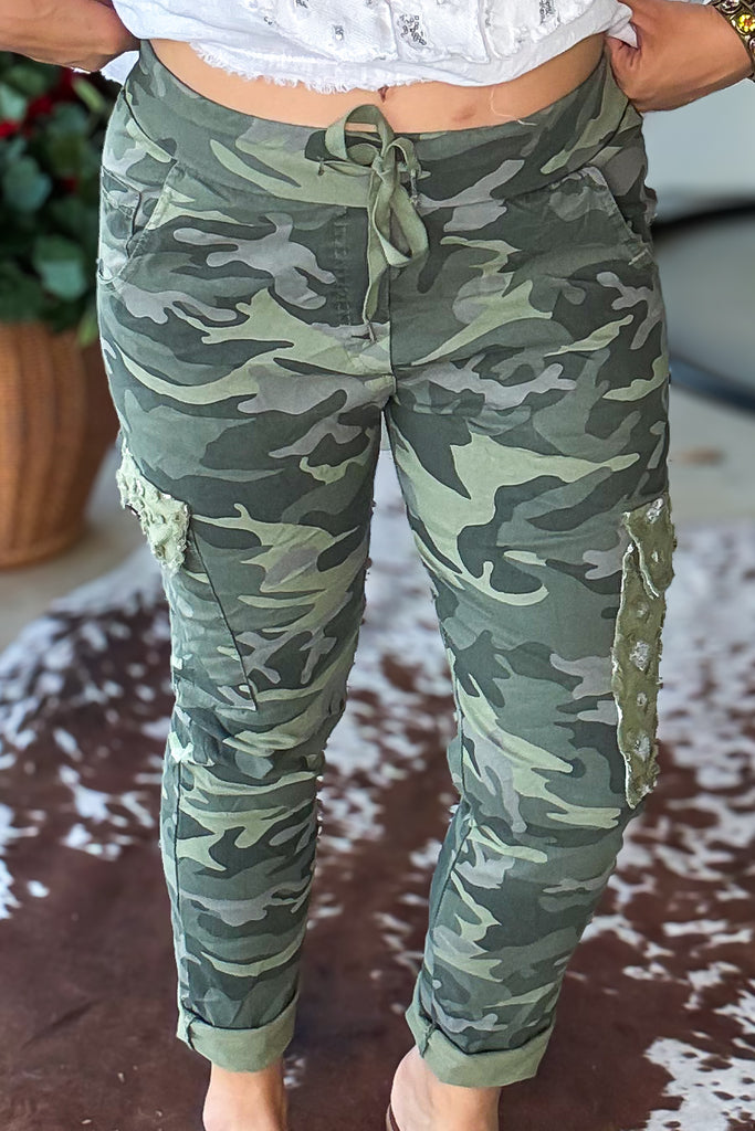 Made in Italy Scrunchy Stretch Cargo Jogger Pants – Ultra Comfortable - Green Camo Sequin (Size 6 to 24)
