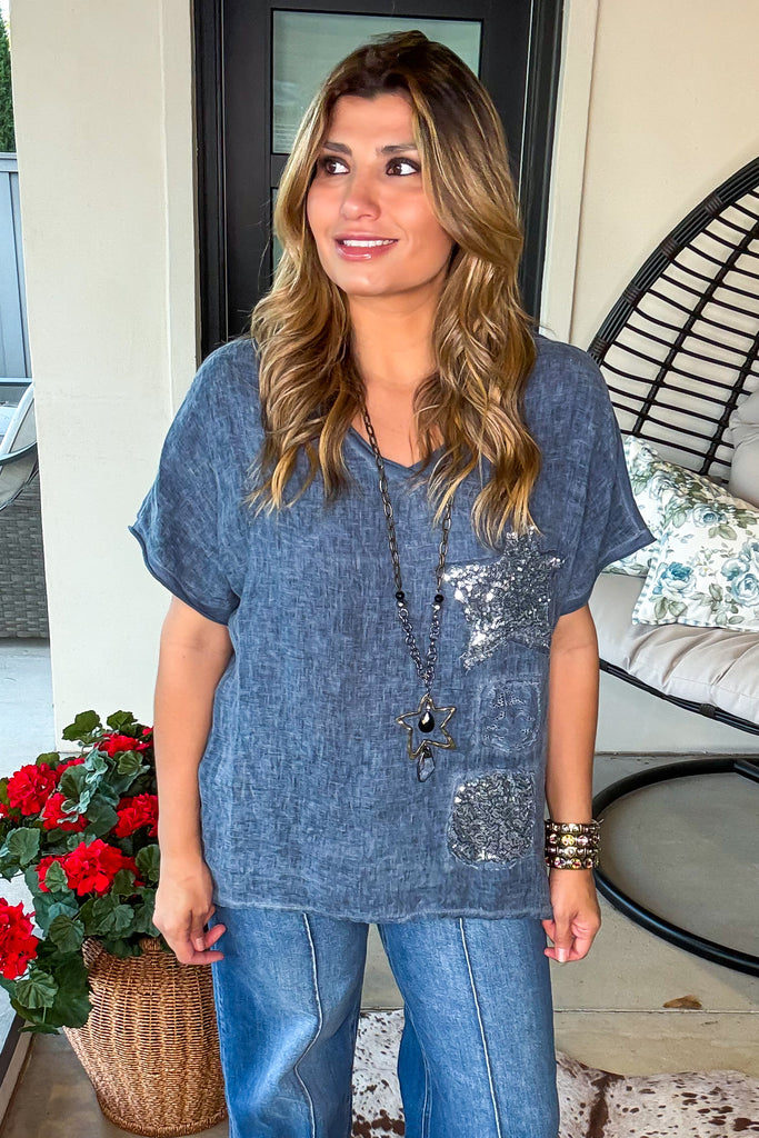 Sequin Skies Cotton Blend Tunic - Made In Italy - Blue - Cotton Linen Blend