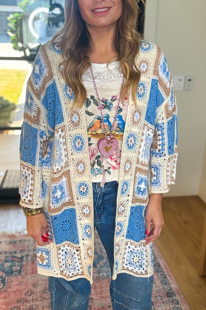 Boho Patchwork Crochet Cardigan - Blue