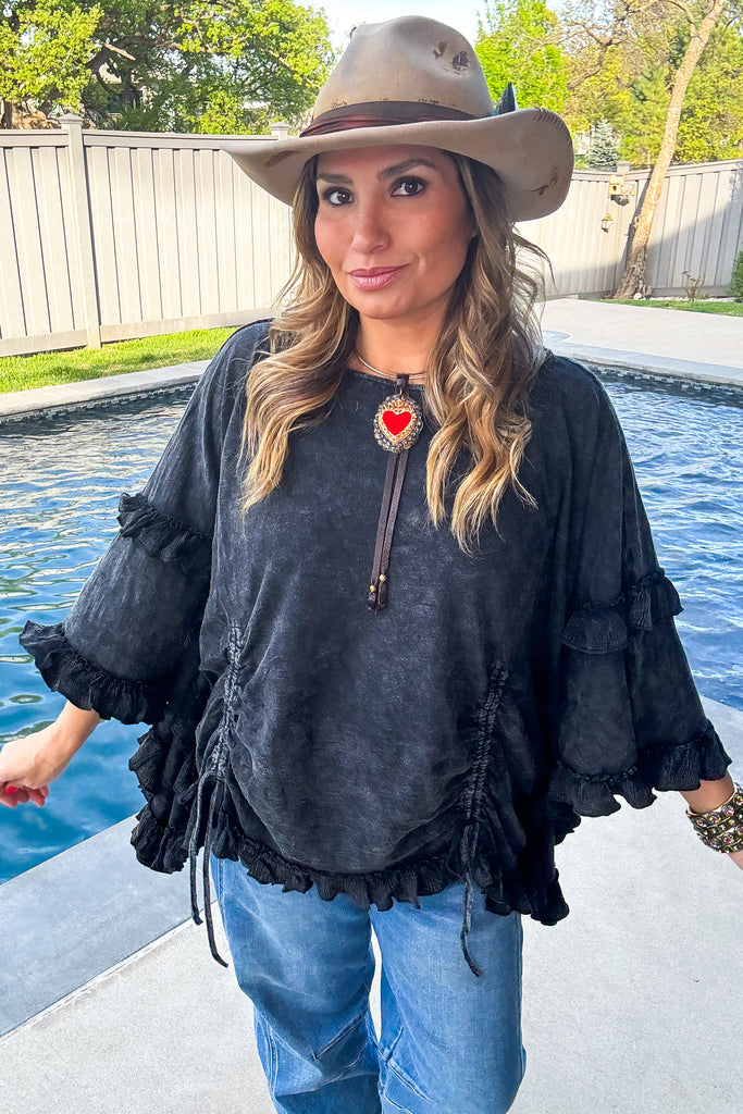Midnight Ruffles Cinch Top - 100% Cotton - Black