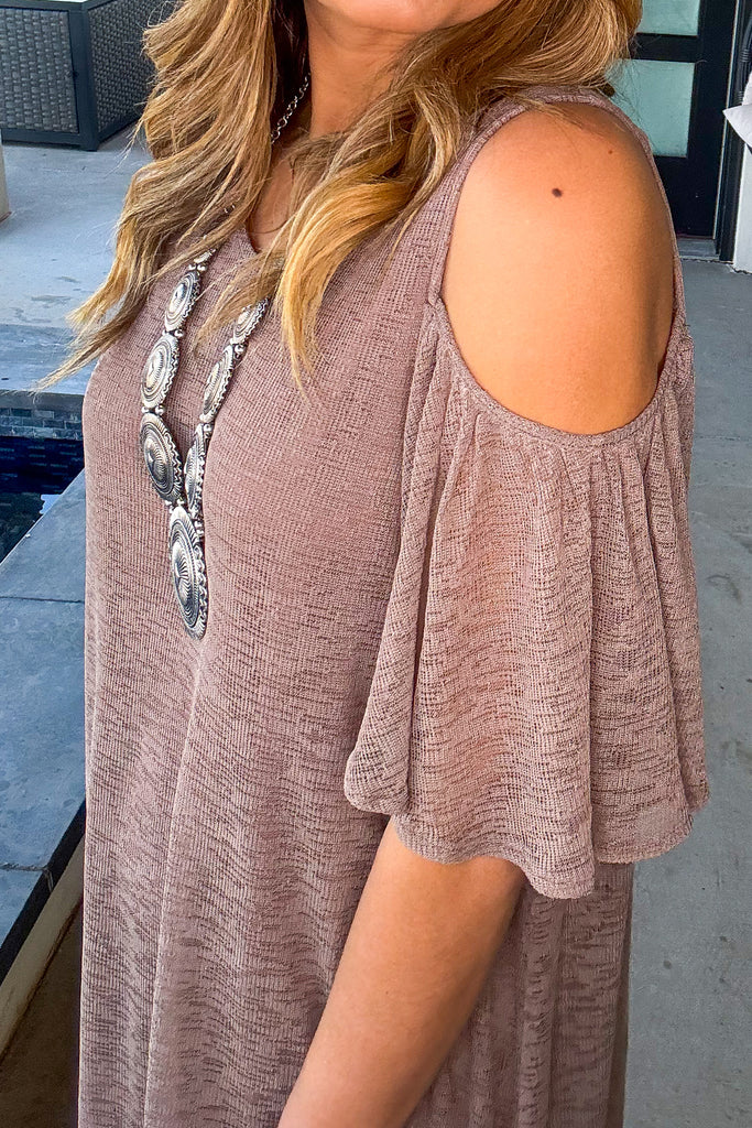 All The Above Cold Shoulder Dress - Brown