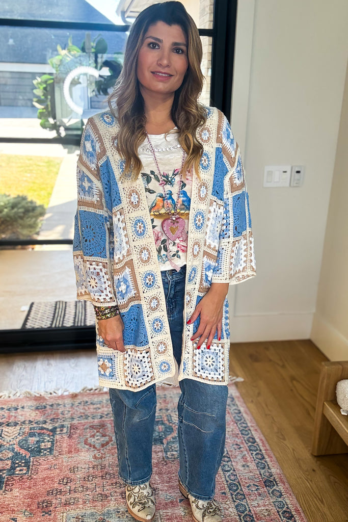 Boho Patchwork Crochet Cardigan - Blue