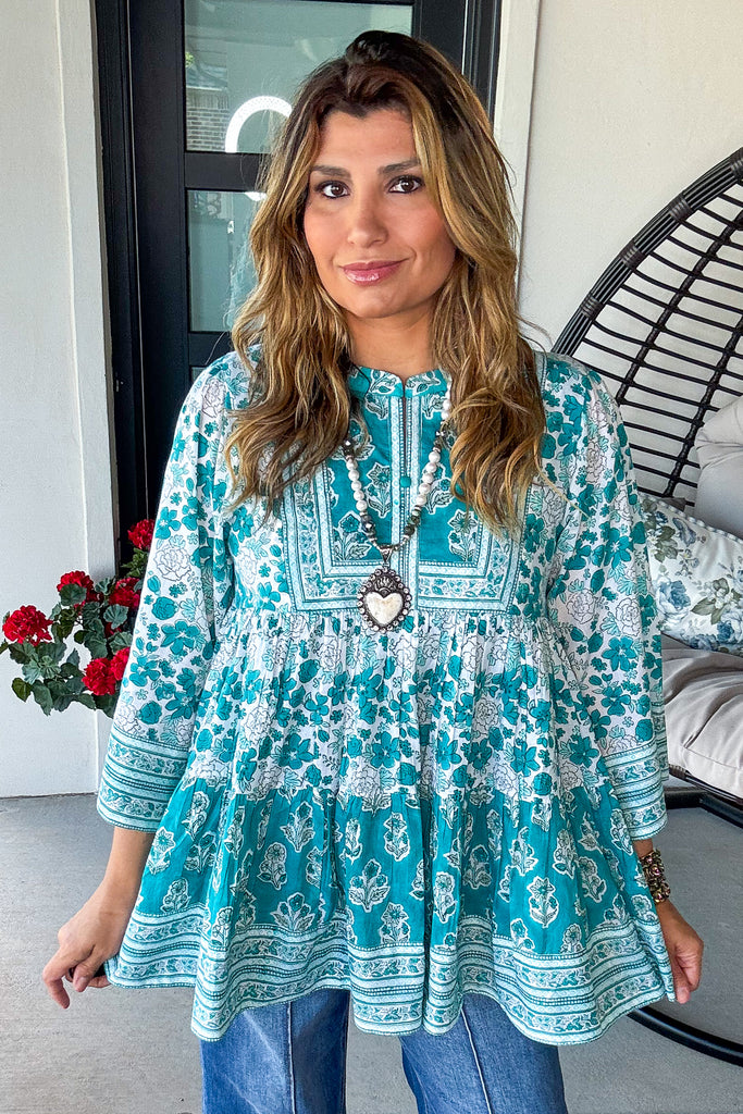 Petals In The Wind Tunic - 100% Cotton - Teal- Made in USA