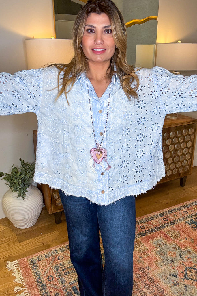 Cloud Washed Button Down Top - Blue - 100% Cotton