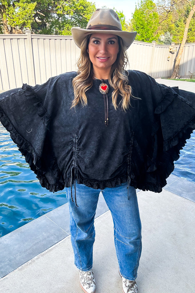 Midnight Ruffles Cinch Top - 100% Cotton - Black