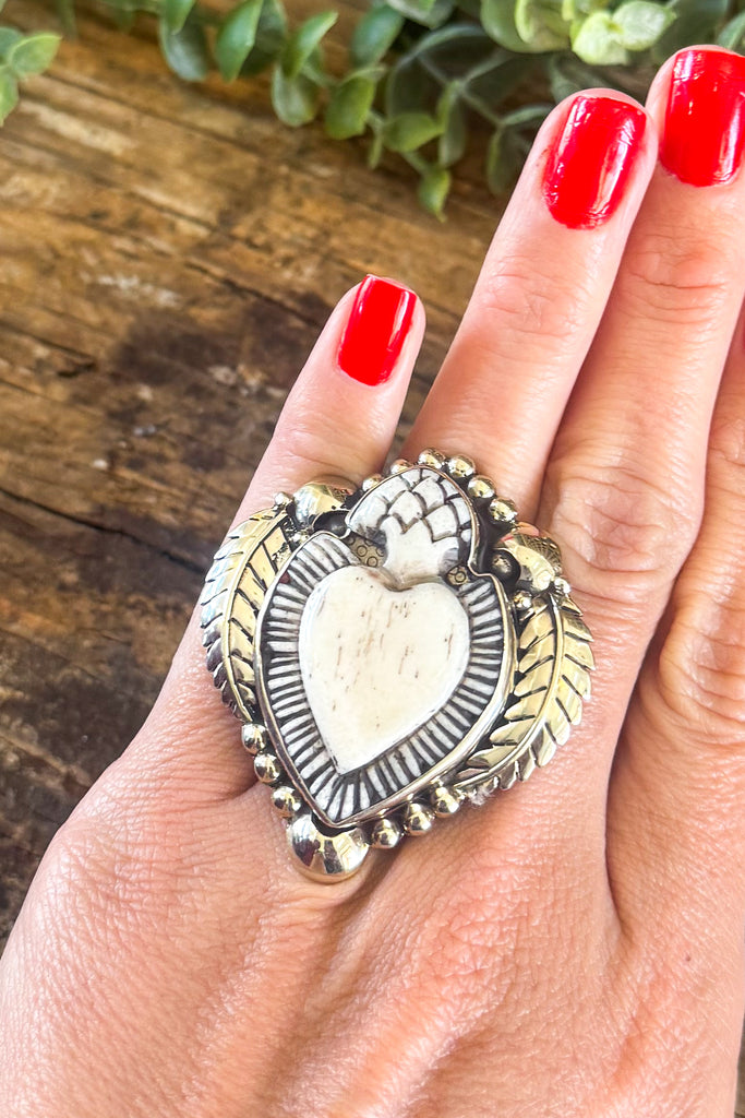 PRE ORDER: Sacred Heart Bone Statement Ring - silver plated