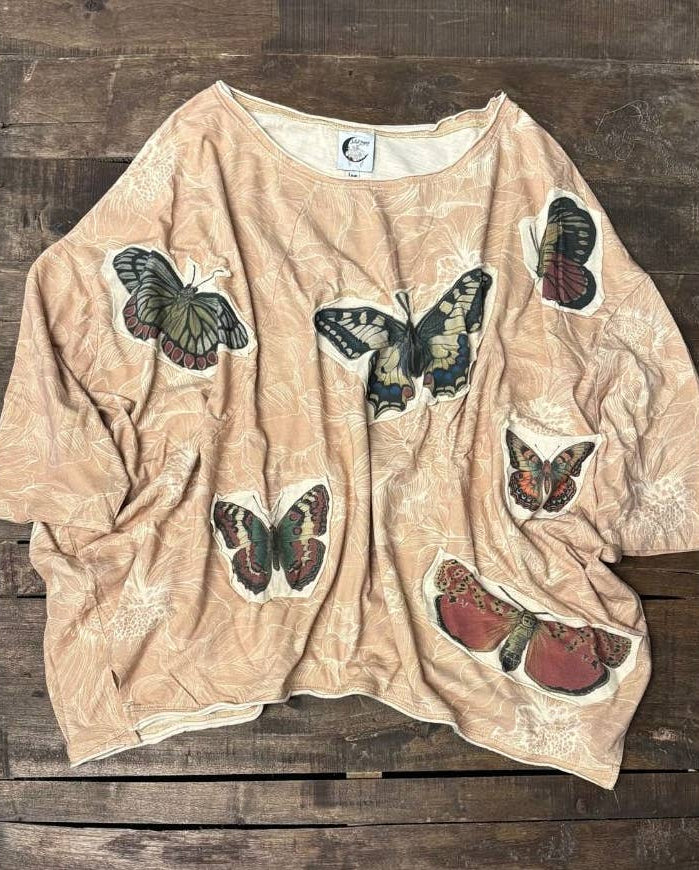 Butterfly Garden Oversized Top - Tan - 100% Cotton