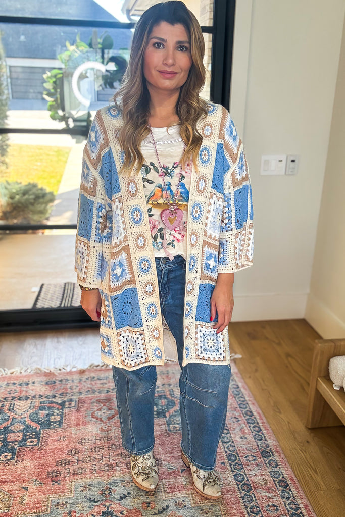 Boho Patchwork Crochet Cardigan - Blue