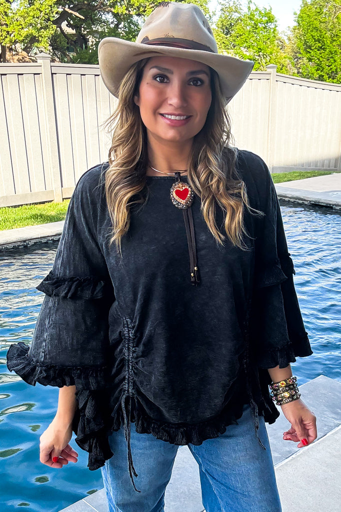 Midnight Ruffles Cinch Top - 100% Cotton - Black