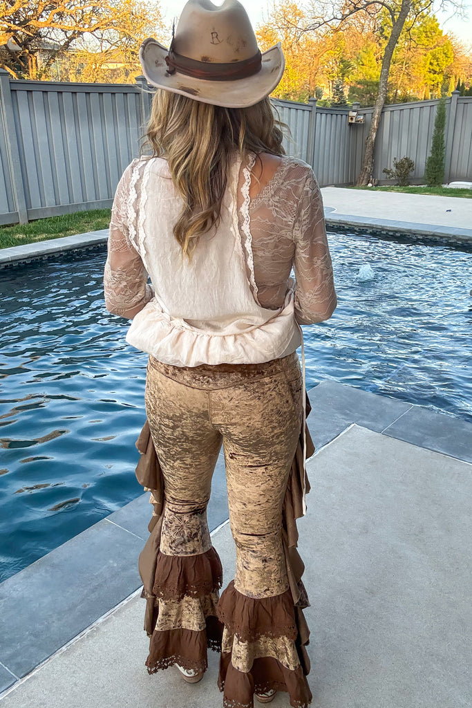 Velvet Butterfly Ruffled Leggings - Brown