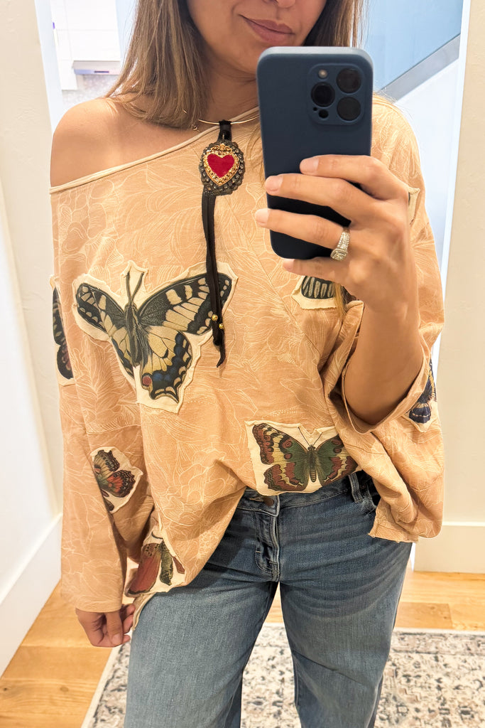 Butterfly Garden Oversized Top - Tan - 100% Cotton
