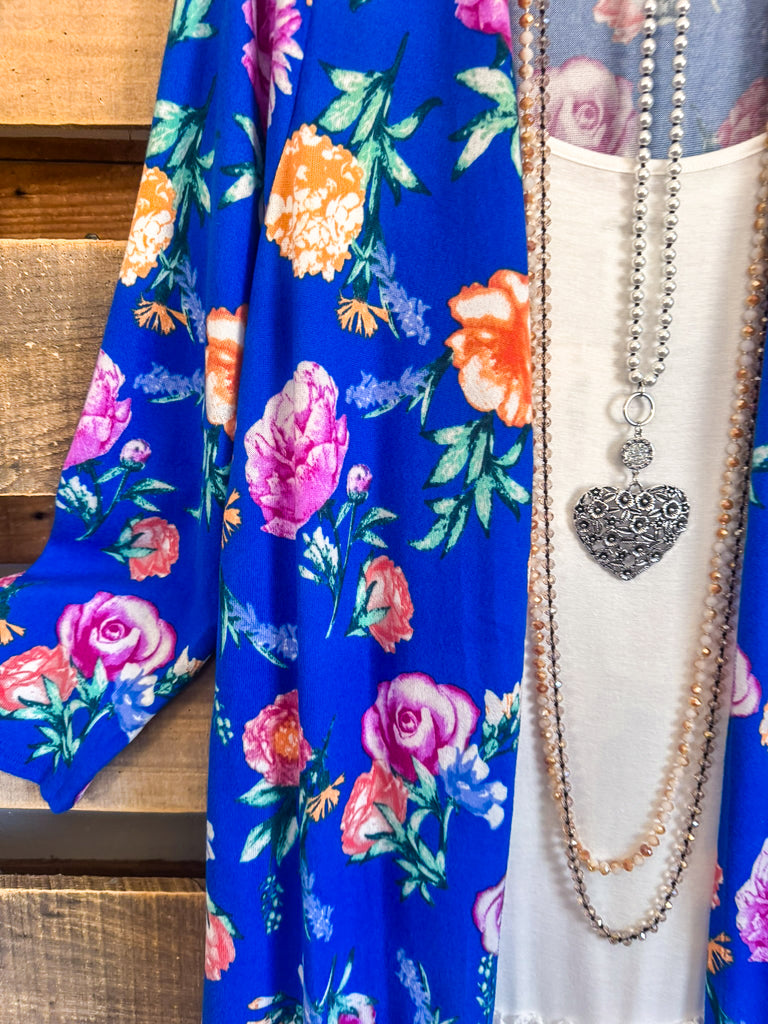 Roses In Bloom Duster Cardigan - Blue