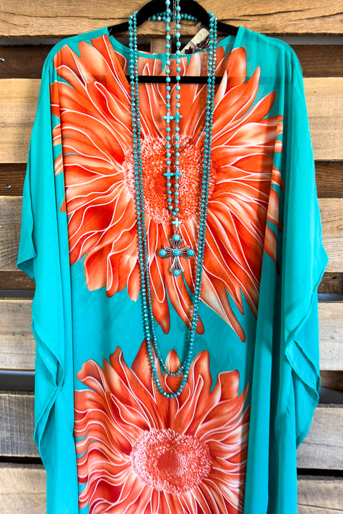 Sun Dancer Oversized Sheer Kaftan Beach Cover Up - Aqua
