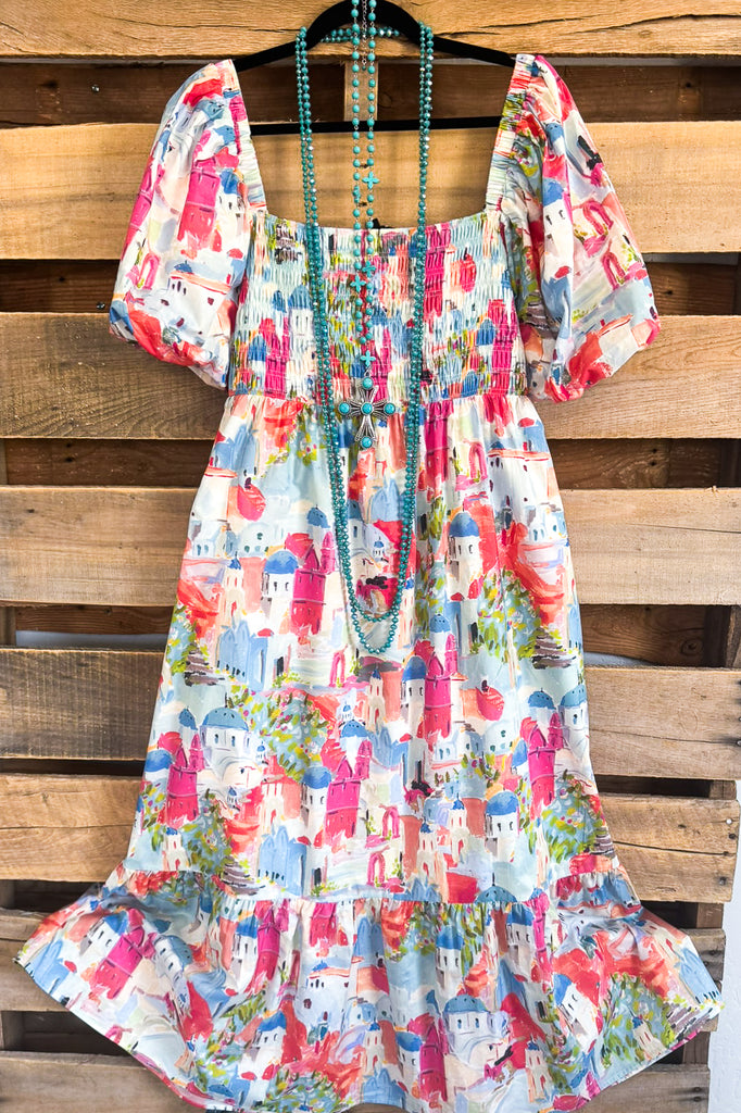 Santorini Awaits Me Dress - Pink/Blue- 100% COTTON