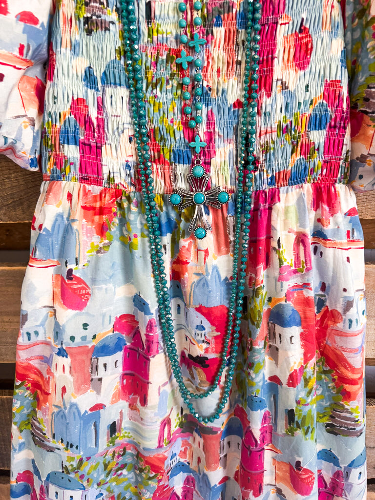 Santorini Awaits Me Dress - Pink/Blue- 100% COTTON