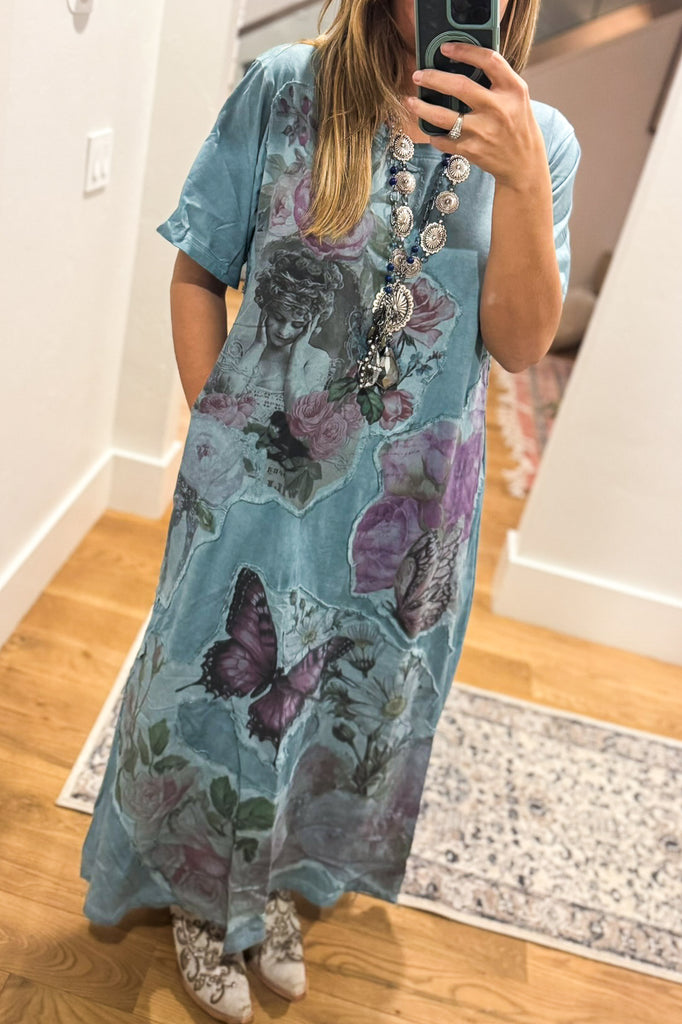 A RB - The Painted Garden Heirloom Blue Maxi Dress - 100% Cotton