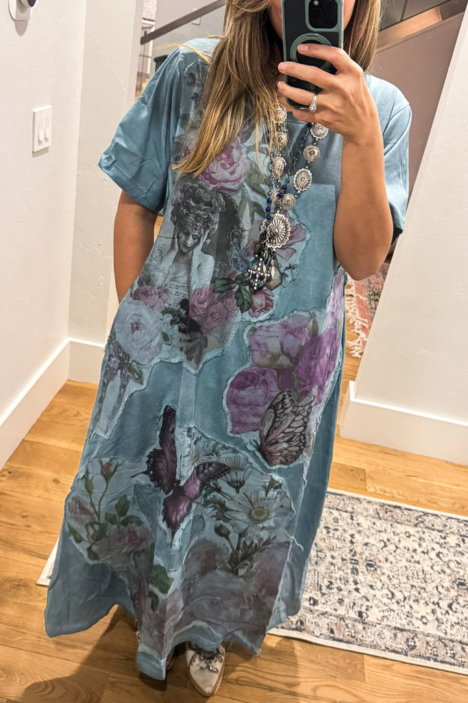 A RB - The Painted Garden Heirloom Blue Maxi Dress - 100% Cotton