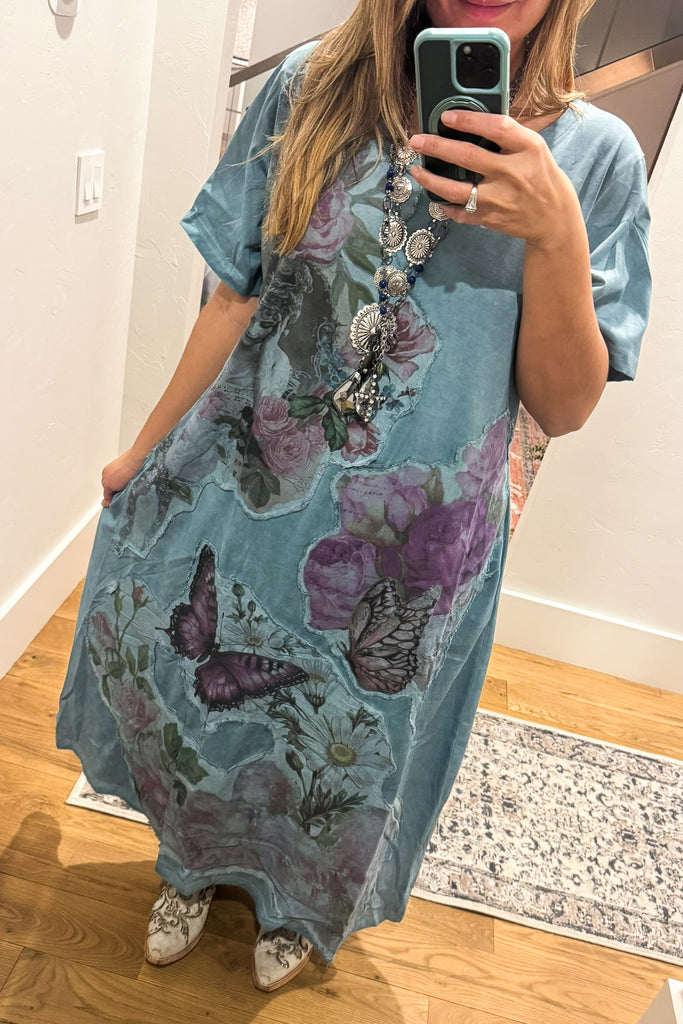 A RB - The Painted Garden Heirloom Blue Maxi Dress - 100% Cotton