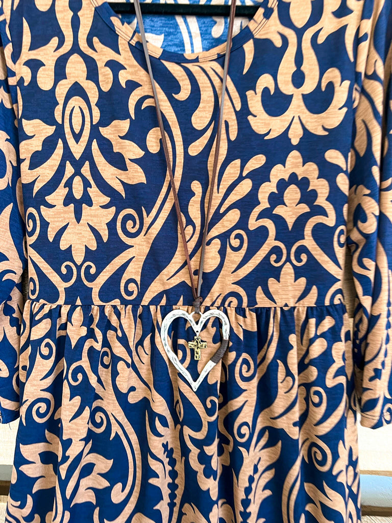 Charming Damask Dress - Navy - SALE