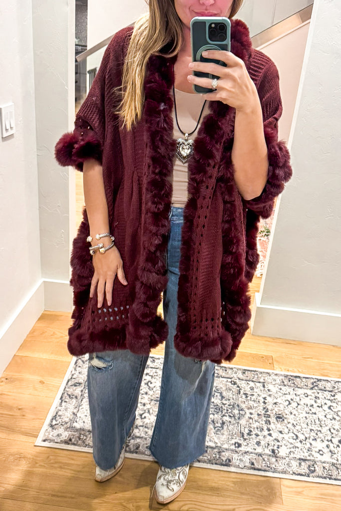 Moonlit Charm Faux Fur Cape - Burgundy