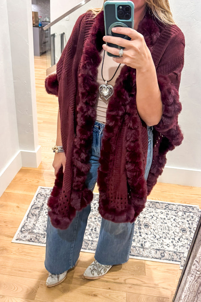 Moonlit Charm Faux Fur Cape - Burgundy