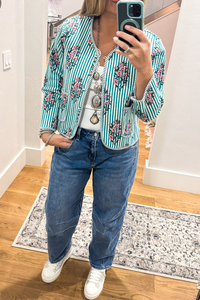 Reversible Floral Quilted Jacket -Blue Green -100% Cotton (Size 6 to 12)