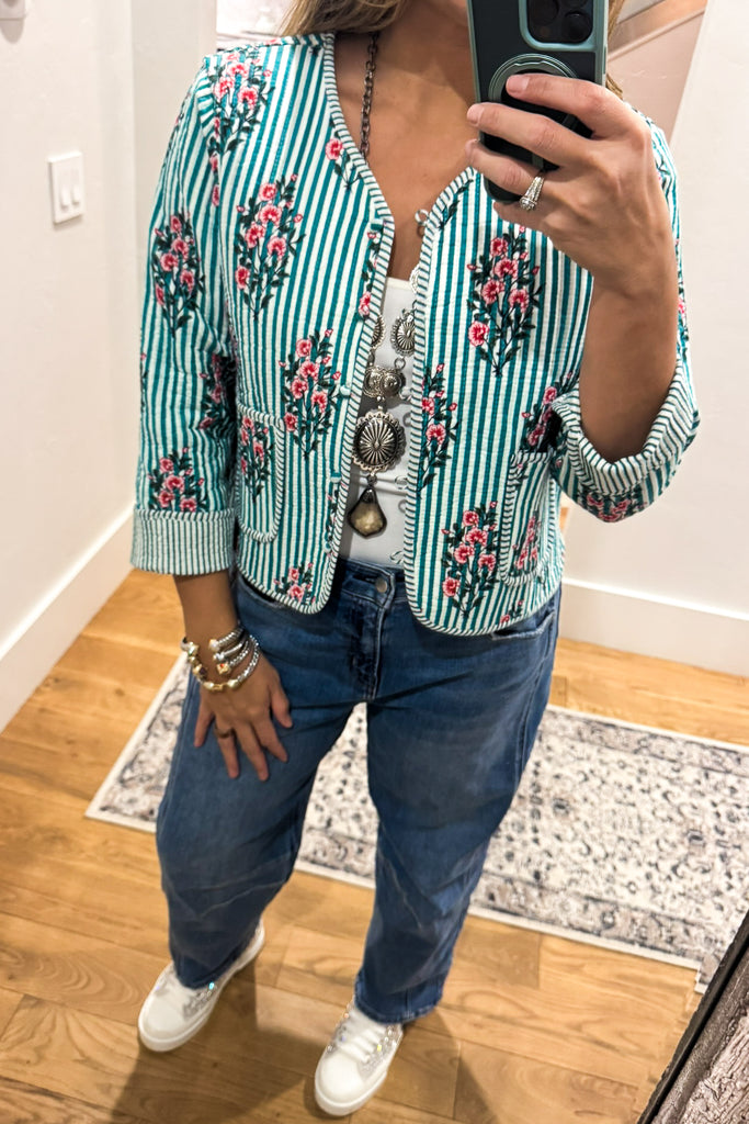 Reversible Floral Quilted Jacket -Blue Green -100% Cotton (Size 6 to 12)