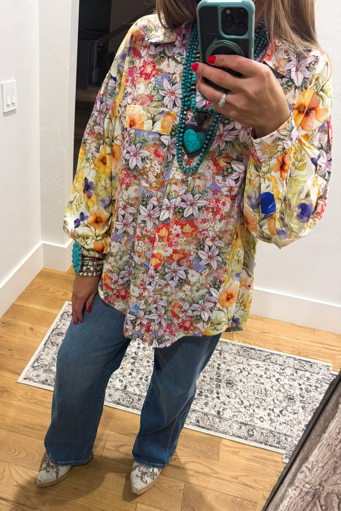Wildflower Walks Oversized Blouse - Green Yellow Multi
