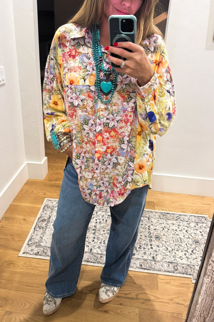 Wildflower Walks Oversized Blouse - Green Yellow Multi