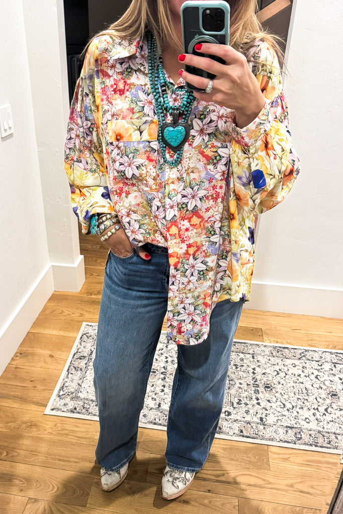 Wildflower Walks Oversized Blouse - Green Yellow Multi