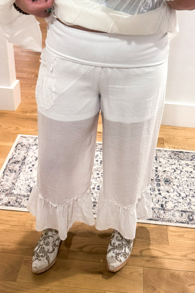 Ruffled Comfort Capris - White