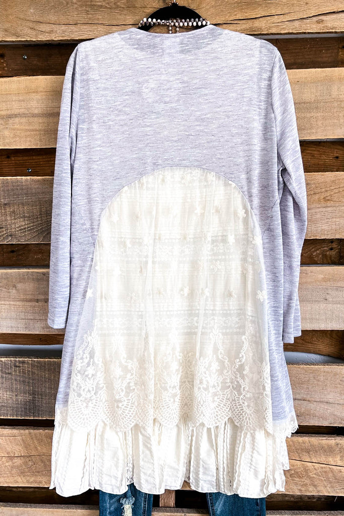 Stroll At Dawn Lace Back Cardigan - Grey - SALE