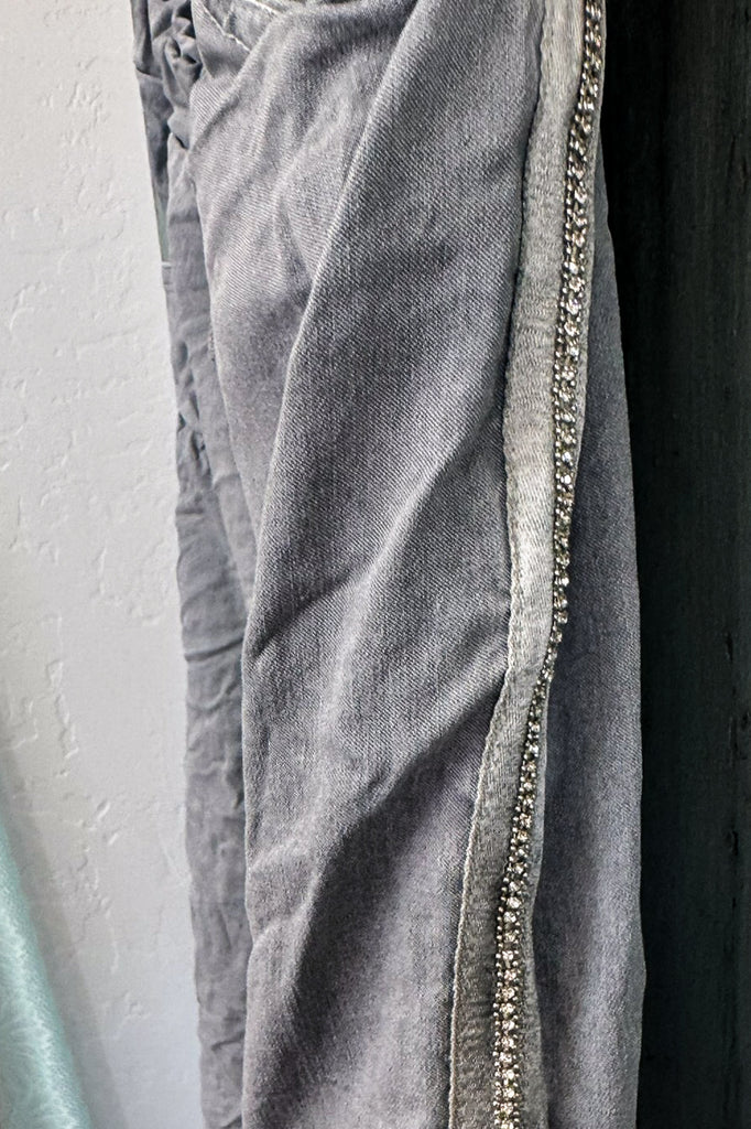 Made in Italy Scrunchy Rhinestone Stretch Floral Jogger Pants – Ultra Comfortable Plus Size - Silver (Size 14 to 24)