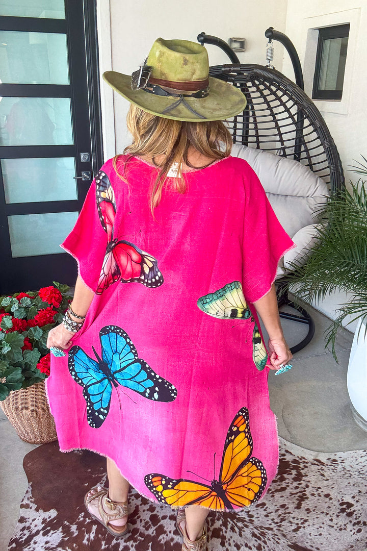 Butterfly Linen Feeling Dress/Tunic - 100% Cotton - Pink