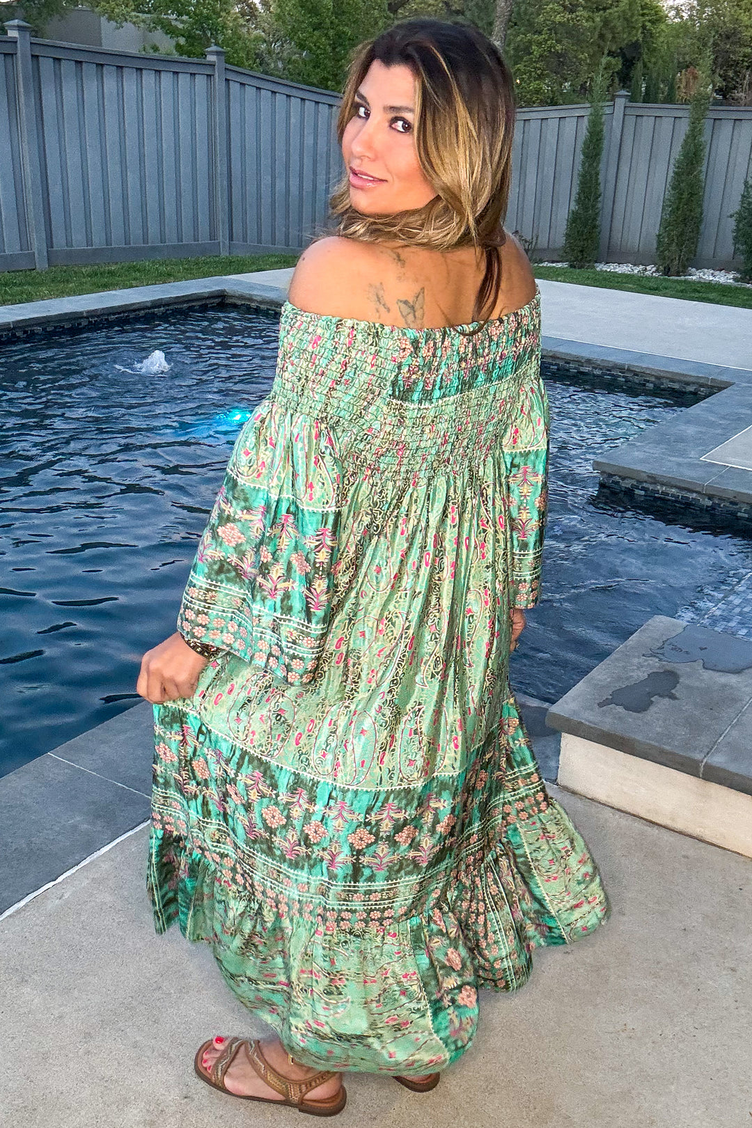 Palace Garden Maxi Dress - 100% Silk - Green/Multi
