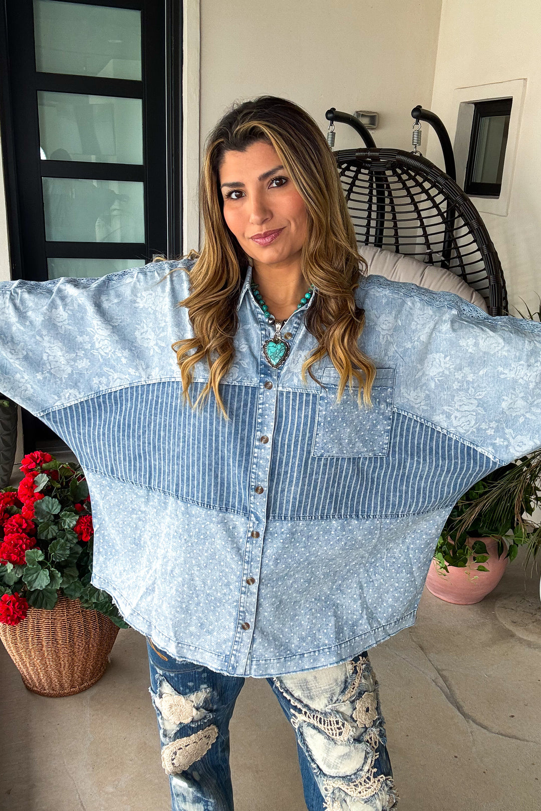 Polka Dot and Stripes Blouse - 100% Cotton - Oversized