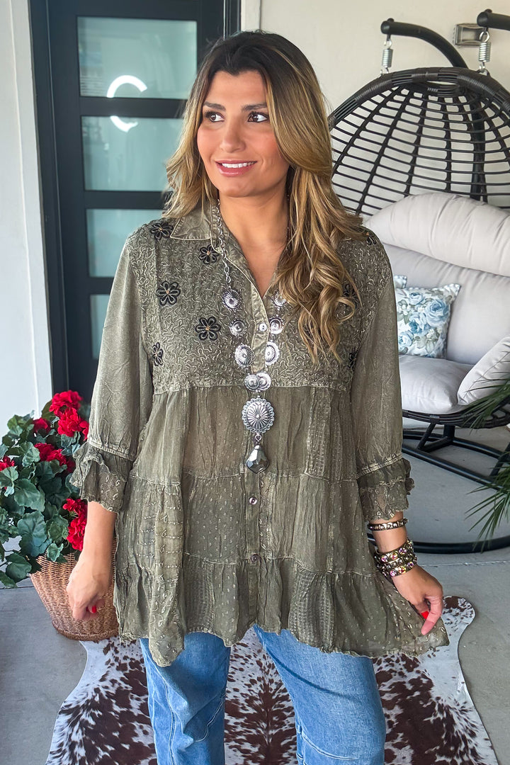 Gathering Sweetness Blouse - Gravel
