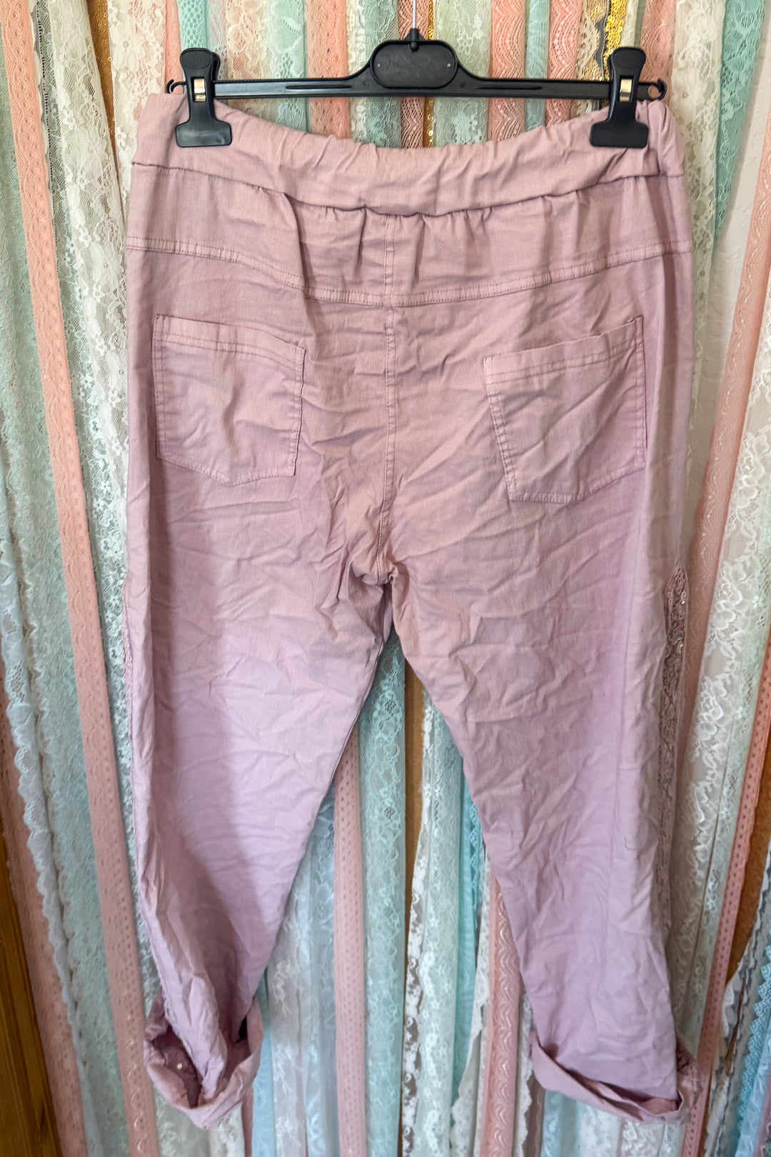 Made in Italy Scrunchy Stretch Lace Trim Jogger Pants – Ultra Comfortable - Mauve - SIZE 14 TO 24
