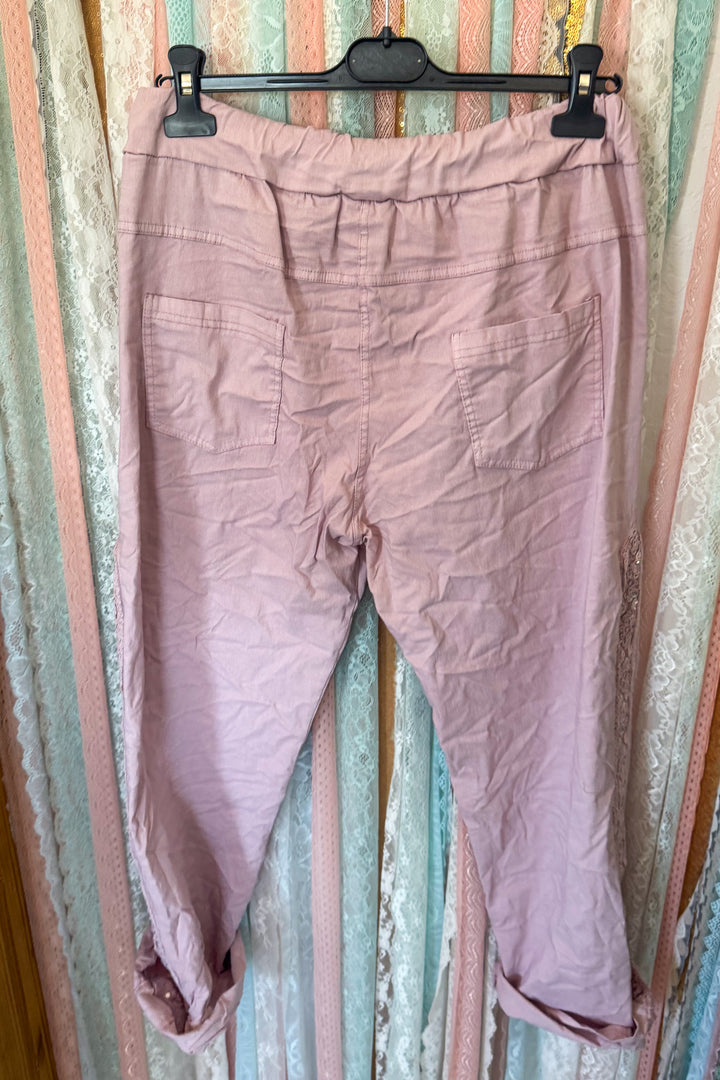 Made in Italy Scrunchy Stretch Lace Trim Jogger Pants – Ultra Comfortable - Mauve - SIZE 14 TO 24
