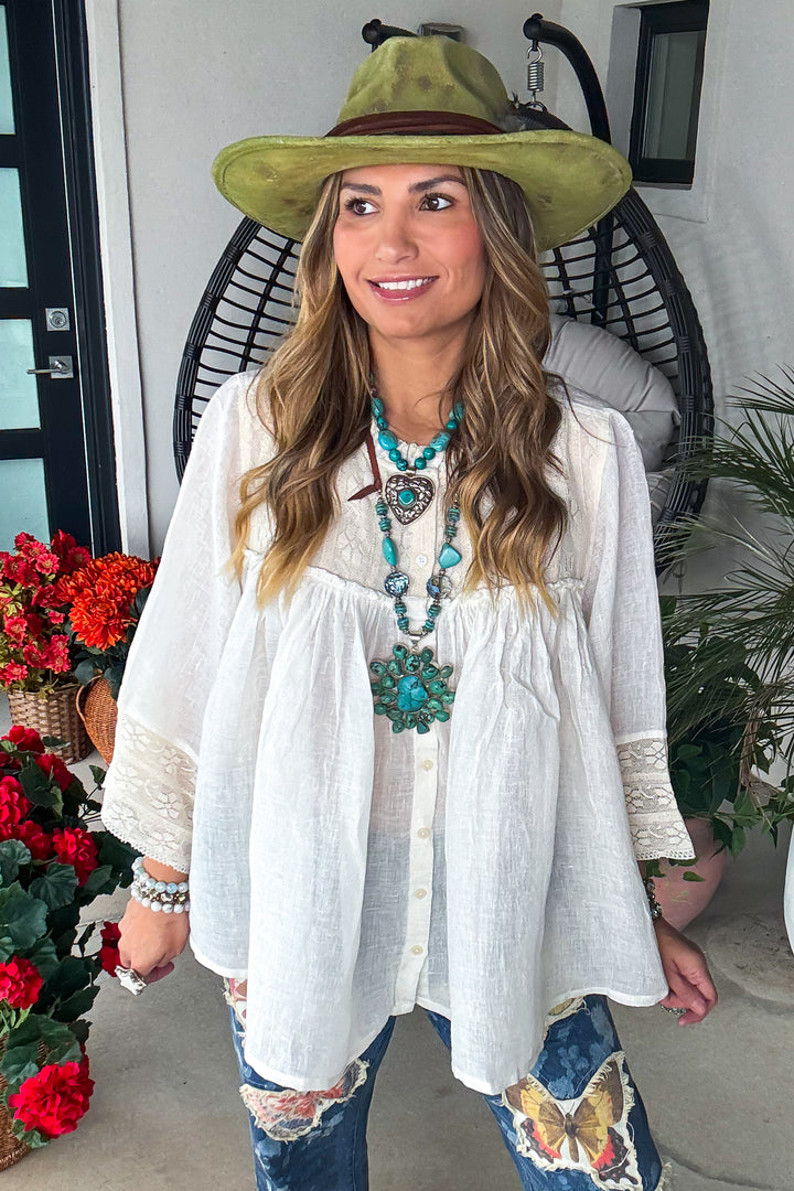 Wildflower Waltz Top - Ivory - Linen Cotton Blend