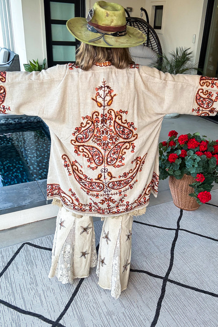 Beauty in Sight Embroidered Cardigan - Cotton Linen Blend  - Copper Oatmeal