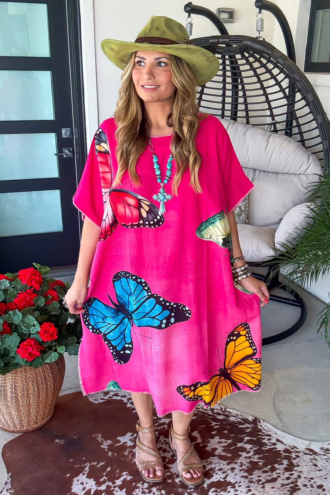 Butterfly Linen Feeling Dress/Tunic - 100% Cotton - Pink