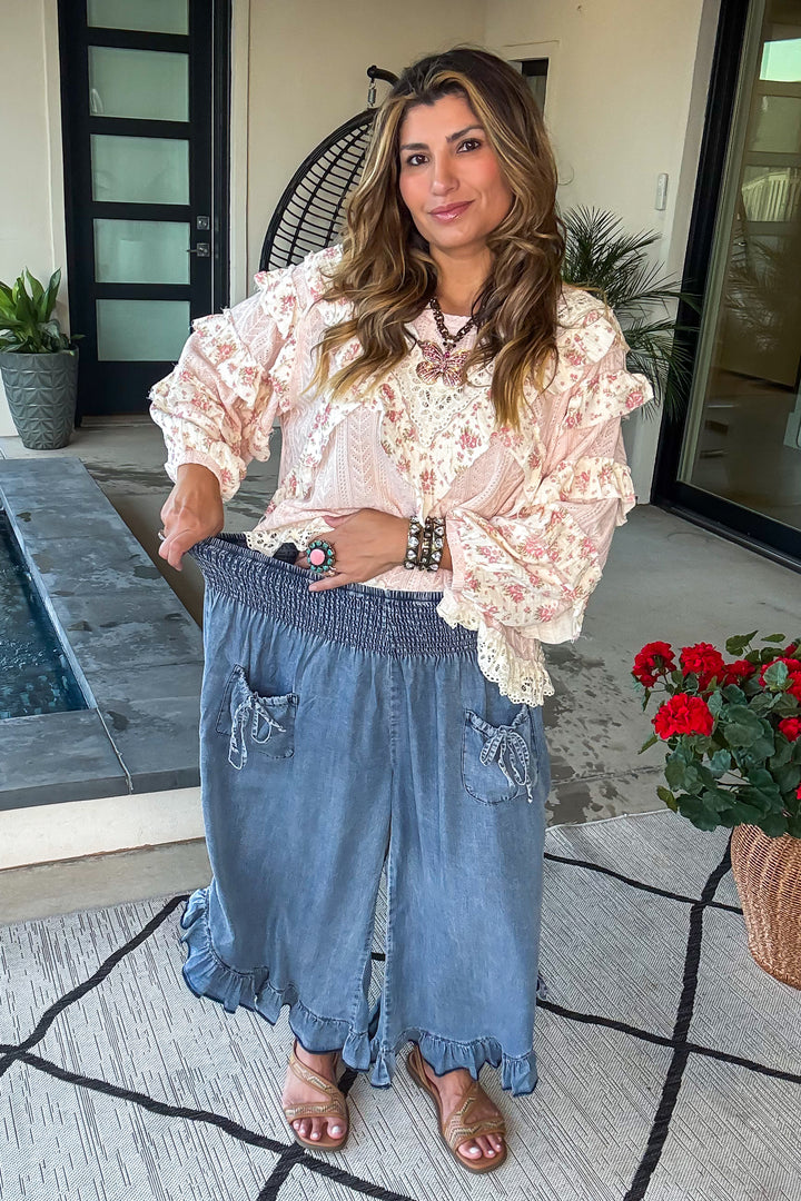 PRE ORDER: Smocked Ruffle Hem Side Tie Chambray Pants - Denim