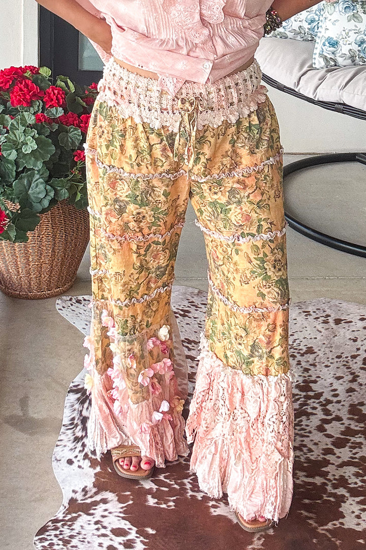 Boho Floral Lace Pants Elastic Waist - 100% Cotton