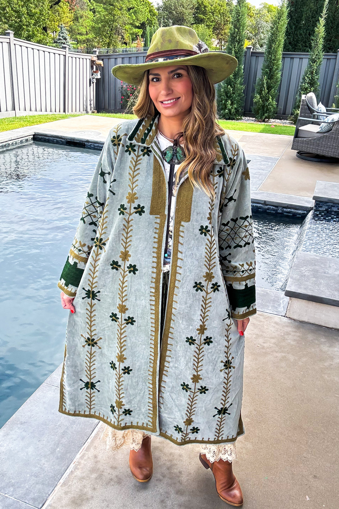 Velvet Green Embroidered Jacket - 100% Cotton