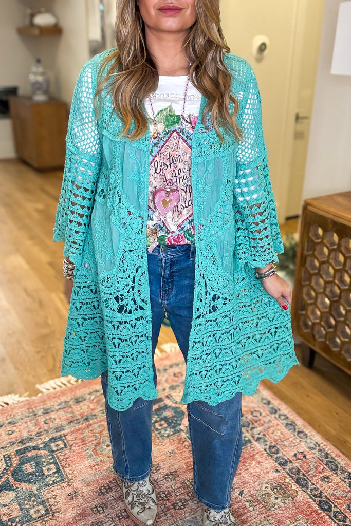 Gracefully Polished Crochet Cardigan - Aqua Teal