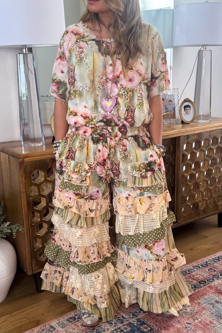 Butterfly Linen One Size Ruffle Pants