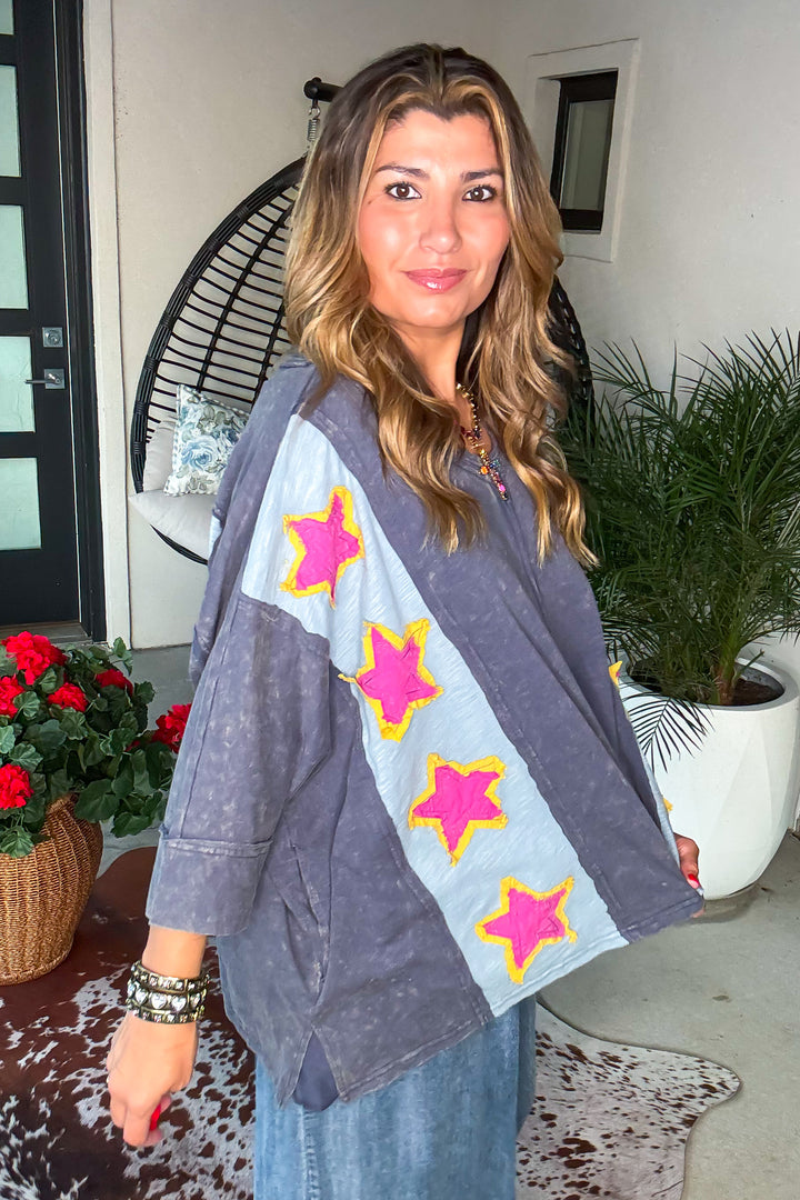 Stardust Trails Oversized Top - 100% Cotton - Faded Navy