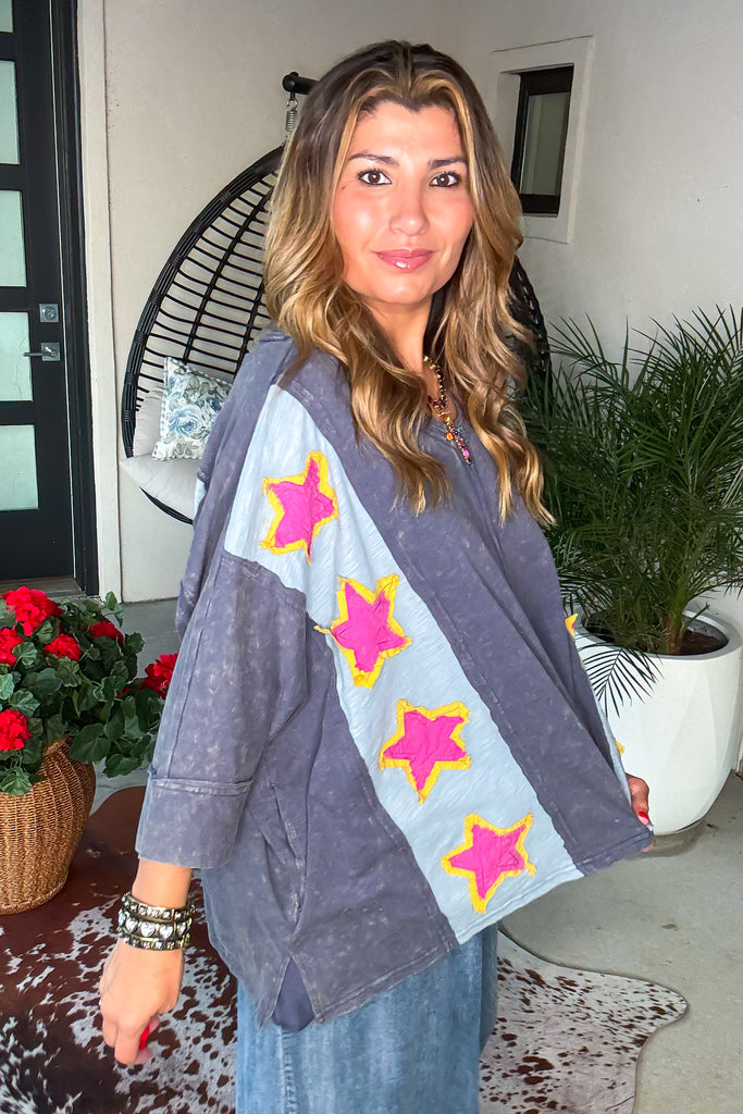 Stardust Trails Oversized Top - 100% Cotton - Faded Navy