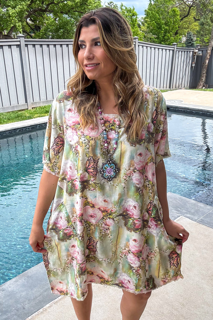 Butterfly Vintage Shabby Chic Linen Dress – Oversized Fit - 100% Linen